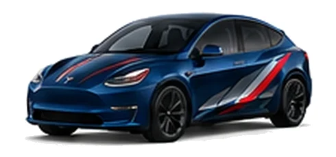 Tesla Model Y in Deep Blue Metallic with red, white and black angular vinyl side graphics, front three-quarter view on a white background.
