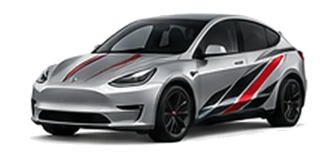 Tesla Model Y in Quicksilver with red, white and black angular vinyl side graphics, front three-quarter view on a white background.