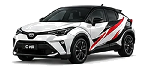 Toyota C-HR in Pure White with red, white and black rally-style vinyl side graphics, front three-quarter view on a white background.