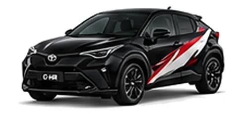 Toyota C-HR in Eclipse Black with red, white and black rally-style vinyl side graphics, front three-quarter view on a white background.
