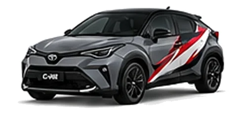 Toyota C-HR in Decuma Grey with red, white and black rally-style vinyl side graphics, front three-quarter view on a white background.