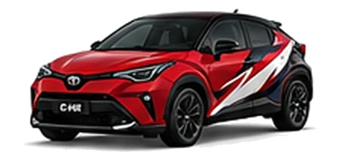 Toyota C-HR in Scarlet Flare with red, white and black rally-style vinyl side graphics, front three-quarter view on a white background.