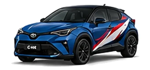 Toyota C-HR in Juniper Blue with red, white and black rally-style vinyl side graphics, front three-quarter view on a white background.