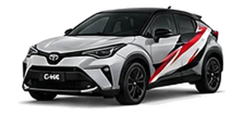 Toyota C-HR in Silver Metallic with red, white and black rally-style vinyl side graphics, front three-quarter view on a white background.
