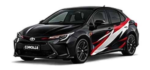 Toyota Corolla in Eclipse Black with red, white and black rally-style vinyl side graphics, front three-quarter view on a white background.