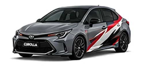Toyota Corolla in Decuma Grey with red, white and black rally-style vinyl side graphics, front three-quarter view on a white background.