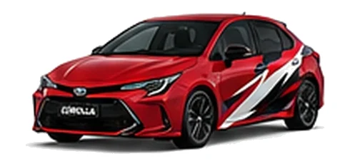 Toyota Corolla in Scarlet Flare with red, white and black rally-style vinyl side graphics, front three-quarter view on a white background.