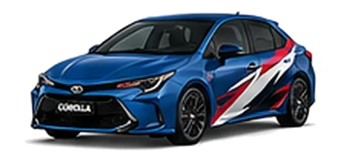 Toyota Corolla in Juniper Blue with red, white and black rally-style vinyl side graphics, front three-quarter view on a white background.