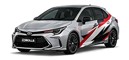 Toyota Corolla in Silver Metallic with red, white and black rally-style vinyl side graphics, front three-quarter view on a white background.