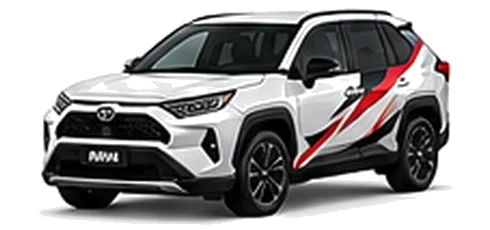 Toyota RAV4 in Pure White with red, white and black rally-style vinyl side graphics, front three-quarter view on a white background.