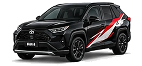 Toyota RAV4 in Eclipse Black with red, white and black rally-style vinyl side graphics, front three-quarter view on a white background.