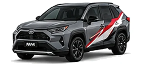 Toyota RAV4 in Decuma Grey with red, white and black rally-style vinyl side graphics, front three-quarter view on a white background.