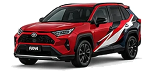 Toyota RAV4 in Scarlet Flare with red, white and black rally-style vinyl side graphics, front three-quarter view on a white background.