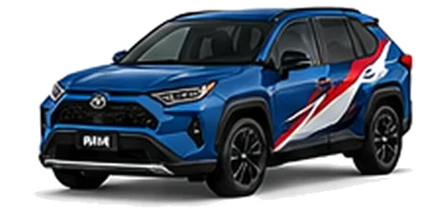 Toyota RAV4 in Juniper Blue with red, white and black rally-style vinyl side graphics, front three-quarter view on a white background.