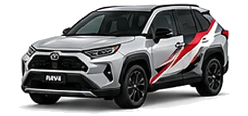 Toyota RAV4 in Silver Metallic with red, white and black rally-style vinyl side graphics, front three-quarter view on a white background.