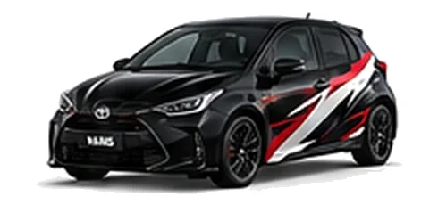 Toyota Yaris in Eclipse Black with red, white and black rally-style vinyl side graphics, front three-quarter view on a white background.