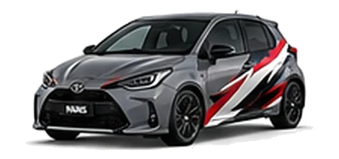 Toyota Yaris in Decuma Grey with red, white and black rally-style vinyl side graphics, front three-quarter view on a white background.