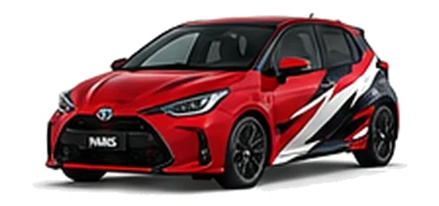 Toyota Yaris in Scarlet Flare with red, white and black rally-style vinyl side graphics, front three-quarter view on a white background.