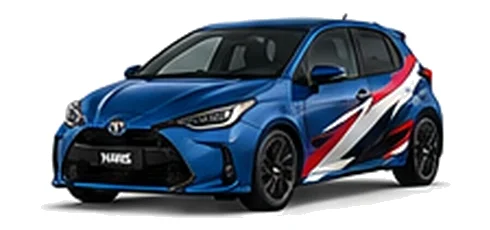 Toyota Yaris in Juniper Blue with red, white and black rally-style vinyl side graphics, front three-quarter view on a white background.