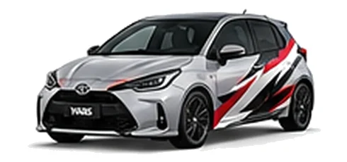Toyota Yaris in Silver Metallic with red, white and black rally-style vinyl side graphics, front three-quarter view on a white background.