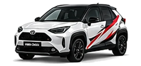 Toyota Yaris Cross in Pure White with red, white and black rally-style vinyl side graphics, front three-quarter view on a white background.