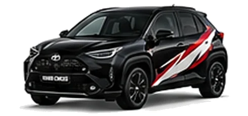 Toyota Yaris Cross in Eclipse Black with red, white and black rally-style vinyl side graphics, front three-quarter view on a white background.