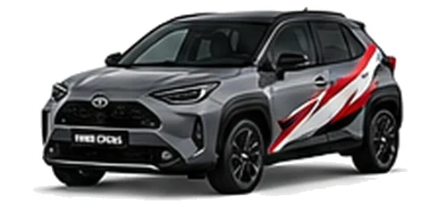Toyota Yaris Cross in Decuma Grey with red, white and black rally-style vinyl side graphics, front three-quarter view on a white background.