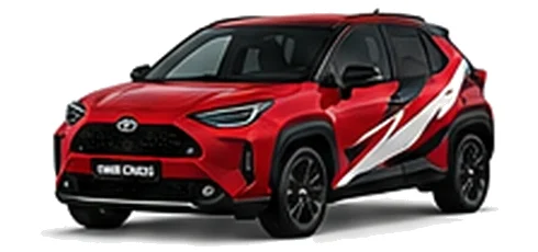 Toyota Yaris Cross in Scarlet Flare with red, white and black rally-style vinyl side graphics, front three-quarter view on a white background.