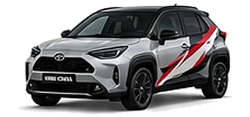 Toyota Yaris Cross in Silver Metallic with red, white and black rally-style vinyl side graphics, front three-quarter view on a white background.