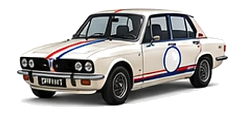 Triumph Dolomite Sprint in Old English White with red, white and blue racing stripes and a white door roundel, front three-quarter view on a white background.