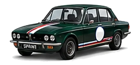 Triumph Dolomite Sprint in British Racing Green with red, white and blue racing stripes and a white door roundel, front three-quarter view on a white background.