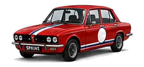 Triumph Dolomite Sprint in Signal Red with red, white and blue racing stripes and a white door roundel, front three-quarter view on a white background.