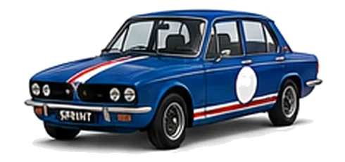 Triumph Dolomite Sprint in Sapphire Blue with red, white and blue racing stripes and a white door roundel, front three-quarter view on a white background.
