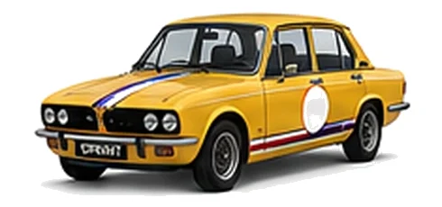 Triumph Dolomite Sprint in Inca Yellow with red, white and blue racing stripes and a white door roundel, front three-quarter view on a white background.