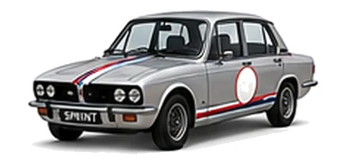 Triumph Dolomite Sprint in Silver Frost with red, white and blue racing stripes and a white door roundel, front three-quarter view on a white background.