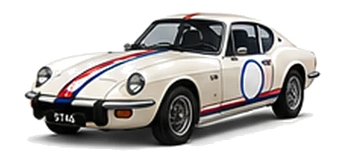 Triumph GT6 in Old English White with red, white and blue racing stripes and a white door roundel, front three-quarter view on a white background.