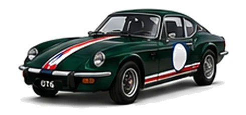 Triumph GT6 in British Racing Green with red, white and blue racing stripes and a white door roundel, front three-quarter view on a white background.