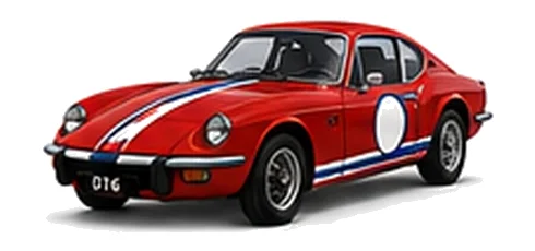Triumph GT6 in Signal Red with red, white and blue racing stripes and a white door roundel, front three-quarter view on a white background.