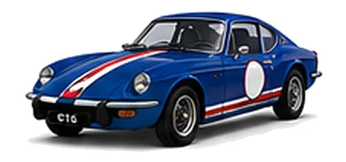 Triumph GT6 in Sapphire Blue with red, white and blue racing stripes and a white door roundel, front three-quarter view on a white background.