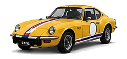 Triumph GT6 in Inca Yellow with red, white and blue racing stripes and a white door roundel, front three-quarter view on a white background.