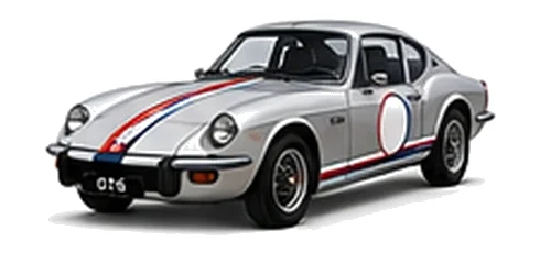 Triumph GT6 in Silver Frost with red, white and blue racing stripes and a white door roundel, front three-quarter view on a white background.