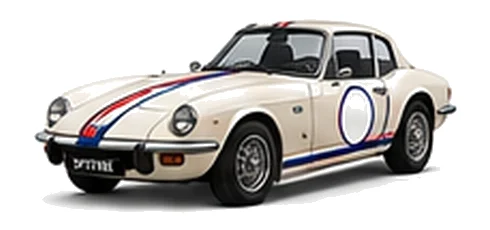 Triumph Spitfire in Old English White with red, white and blue racing stripes and a white door roundel, front three-quarter view on a white background.