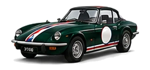 Triumph Spitfire in British Racing Green with red, white and blue racing stripes and a white door roundel, front three-quarter view on a white background.