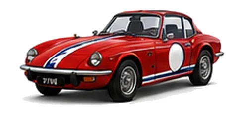 Triumph Spitfire in Signal Red with red, white and blue racing stripes and a white door roundel, front three-quarter view on a white background.