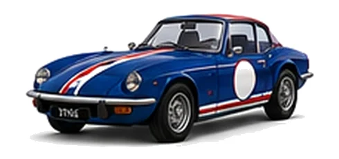 Triumph Spitfire in Sapphire Blue with red, white and blue racing stripes and a white door roundel, front three-quarter view on a white background.