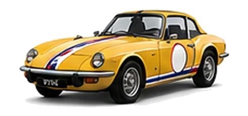 Triumph Spitfire in Inca Yellow with red, white and blue racing stripes and a white door roundel, front three-quarter view on a white background.