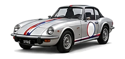 Triumph Spitfire in Silver Frost with red, white and blue racing stripes and a white door roundel, front three-quarter view on a white background.