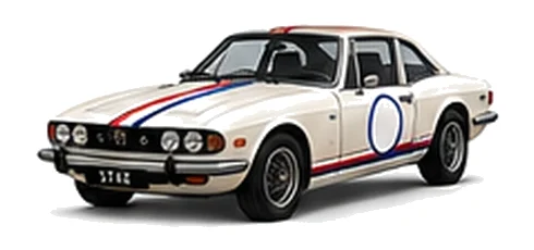 Triumph Stag in Old English White with red, white and blue racing stripes and a white door roundel, front three-quarter view on a white background.