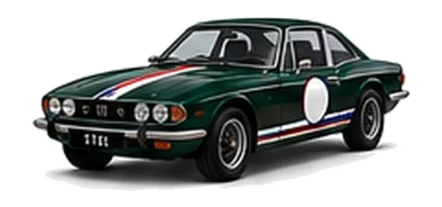 Triumph Stag in British Racing Green with red, white and blue racing stripes and a white door roundel, front three-quarter view on a white background.