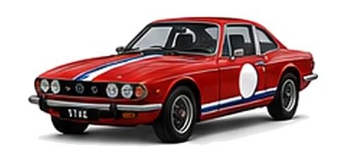 Triumph Stag in Signal Red with red, white and blue racing stripes and a white door roundel, front three-quarter view on a white background.
